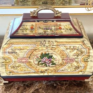 Castilian Imports Decorative Box 9958 Thick Wood w/ Koi Fish Handle Brass Legs